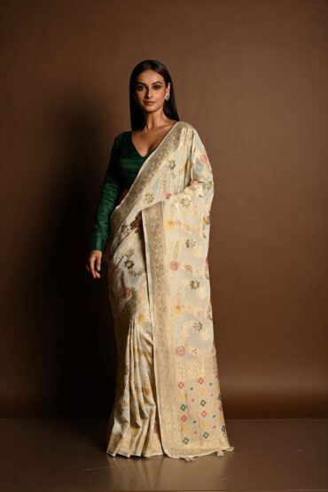 Elegant White Satin Silk Banarasi Saree with Minakari?Work