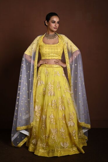 Yellow Lehenga Choli with White Floral Embroidery and White Net Dupatta