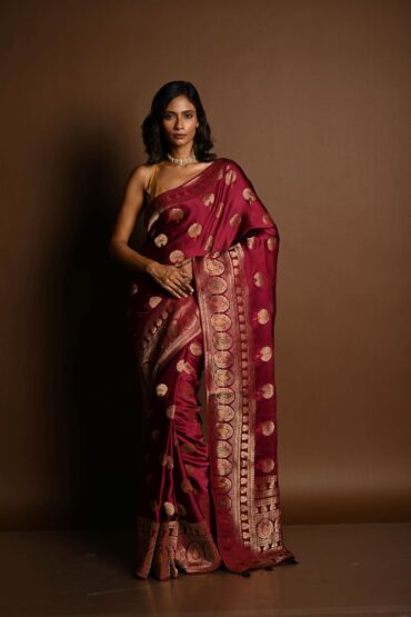 Wine Red Meenakari Mashru Satin Silk Handloom Banarasi Saree
