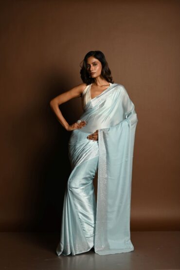 Ice Blue Satin Saree with Stonework