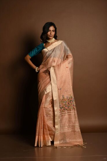 Pink Pure Linen Saree with Floral Resham Thread Embroidery Work