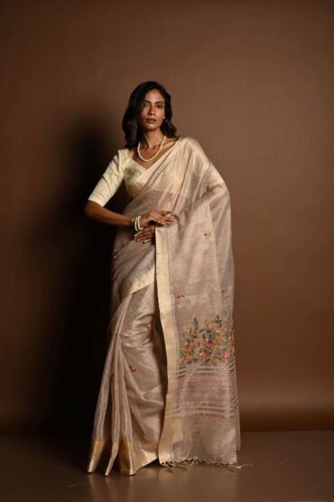 Off-White Saree in Silk Linen with Floral Embroidery Work