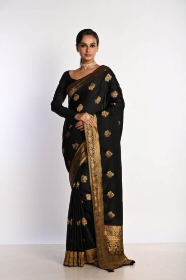 Black Pure Satin Silk Banarasi Handloom Saree with Real Zari Work - Elegance Redefined