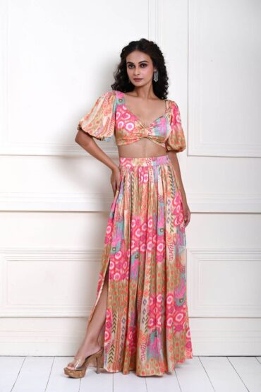 Multicolor Crop Top and Skirt with Side-Slit in Satin Silk