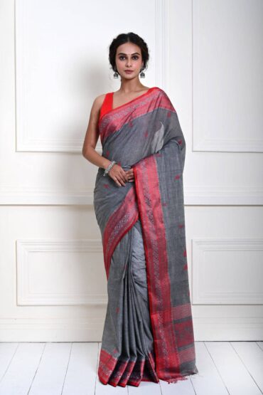Grey Handloom Cotton Saree with Red Border and all-over Buta