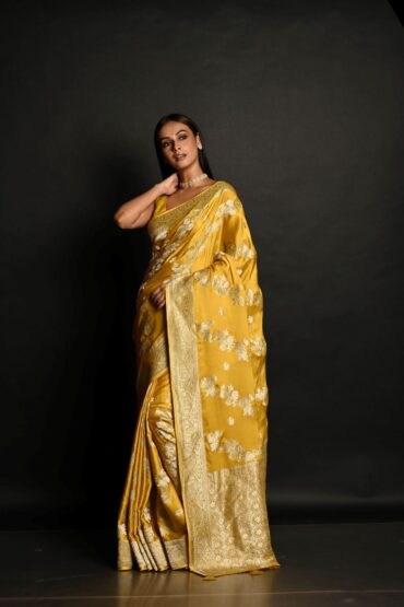 Yellow Pure Satin Silk Banarasi Saree with All Over Gold Zari Work