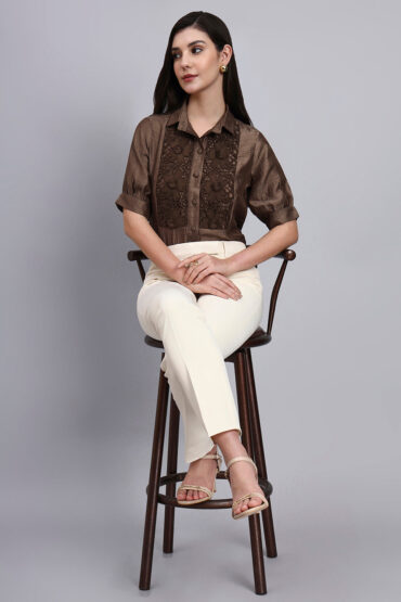 Women Brown Modern casual Floral Embroidery Shirt