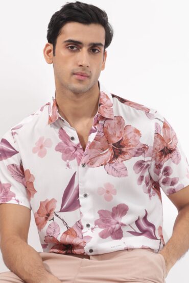 Aentic Men's Siros White Viscose Floral Print Regular Fit Half Sleeve Collared Shirt