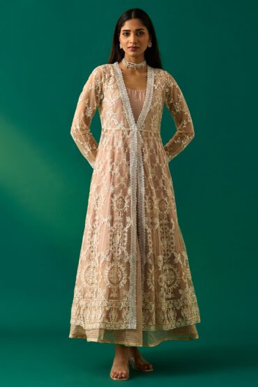 Old Rose Sequin Embroidered Mesh Jacket and Dress Set