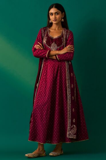 Maroon Embroidered Anarkali Georgette Gilet with Dress and Churidar Set