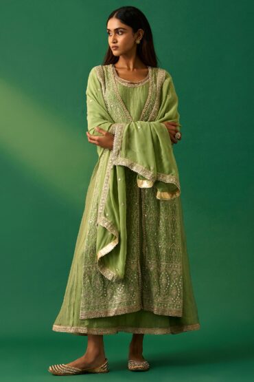 Green Embroidered Anarkali Dress with Churidar and Dupatta Set