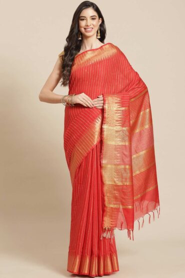 Bella Red Zari Woven Blended Silk Aentic Saree