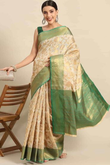 Fiona Beige Tusser Art Silk Floral Banarasi Aentic Saree