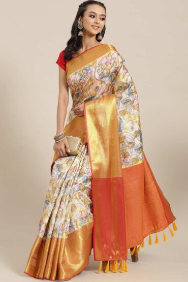 Chyna Beige Soft Art Silk Floral Banarasi Aentic Saree