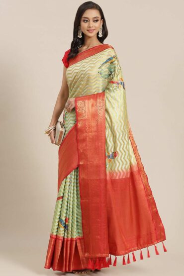 Pista Green Soft Art Silk Floral Printed Banarasi Aentic Saree