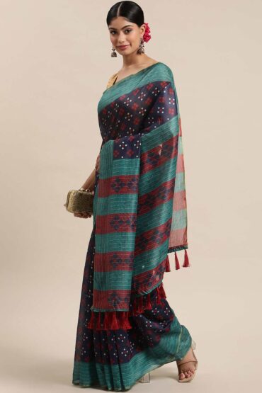 Paula Navy Blue Poly Cotton Bandhani Printed Aentic Saree