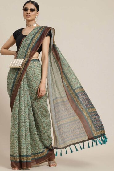 Nora Green Cotton Block Printed Aentic Saree