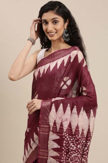 Wilda Burgundy Cotton Blend Batik Aentic Saree