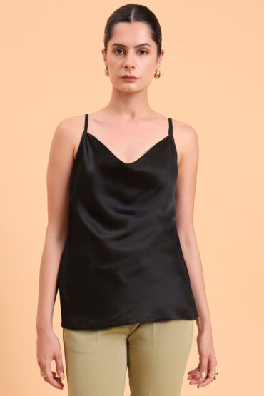 Women Black Cowl Neck Satin Tank Top