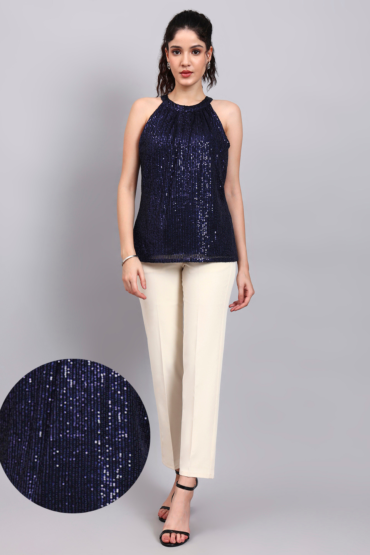 Women Navy Blue Sequin Halter Camisole with Gathered Detail