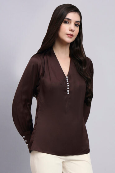 Women Chocolate High-Neck Satin Top with Pearl Detailing
