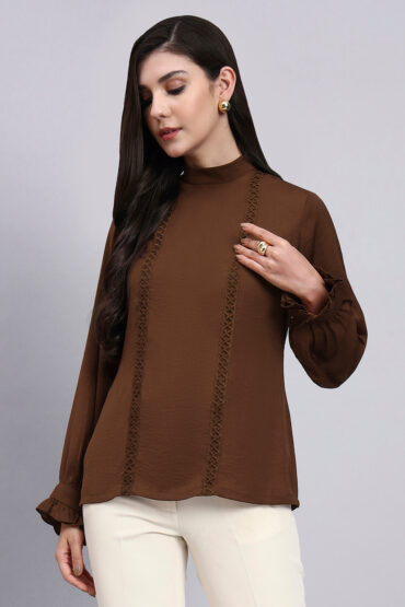 Women Chocolate Brown Satin Top with lace Detailing