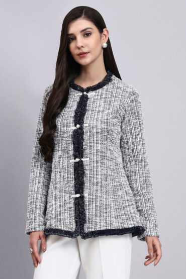 Women Black and White Warm Tweed Stretch Blazer
