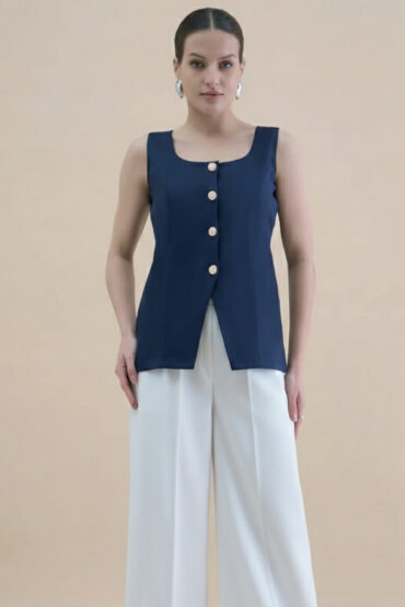 Women Navy Blue U-Neck Straight Fit Waistcoat