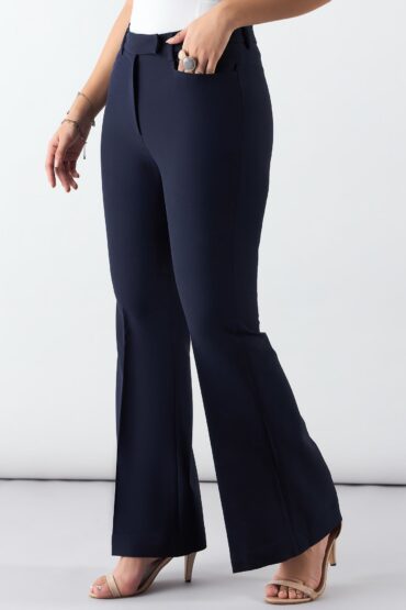 Women Navy Blue Flared High-Rise Trousers