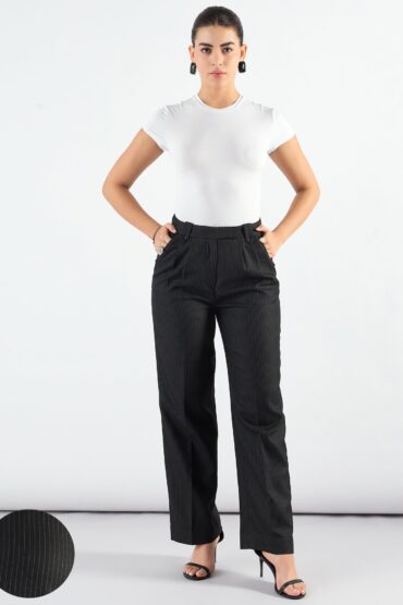 Women Black Striped High-Rise Pleated Trousers