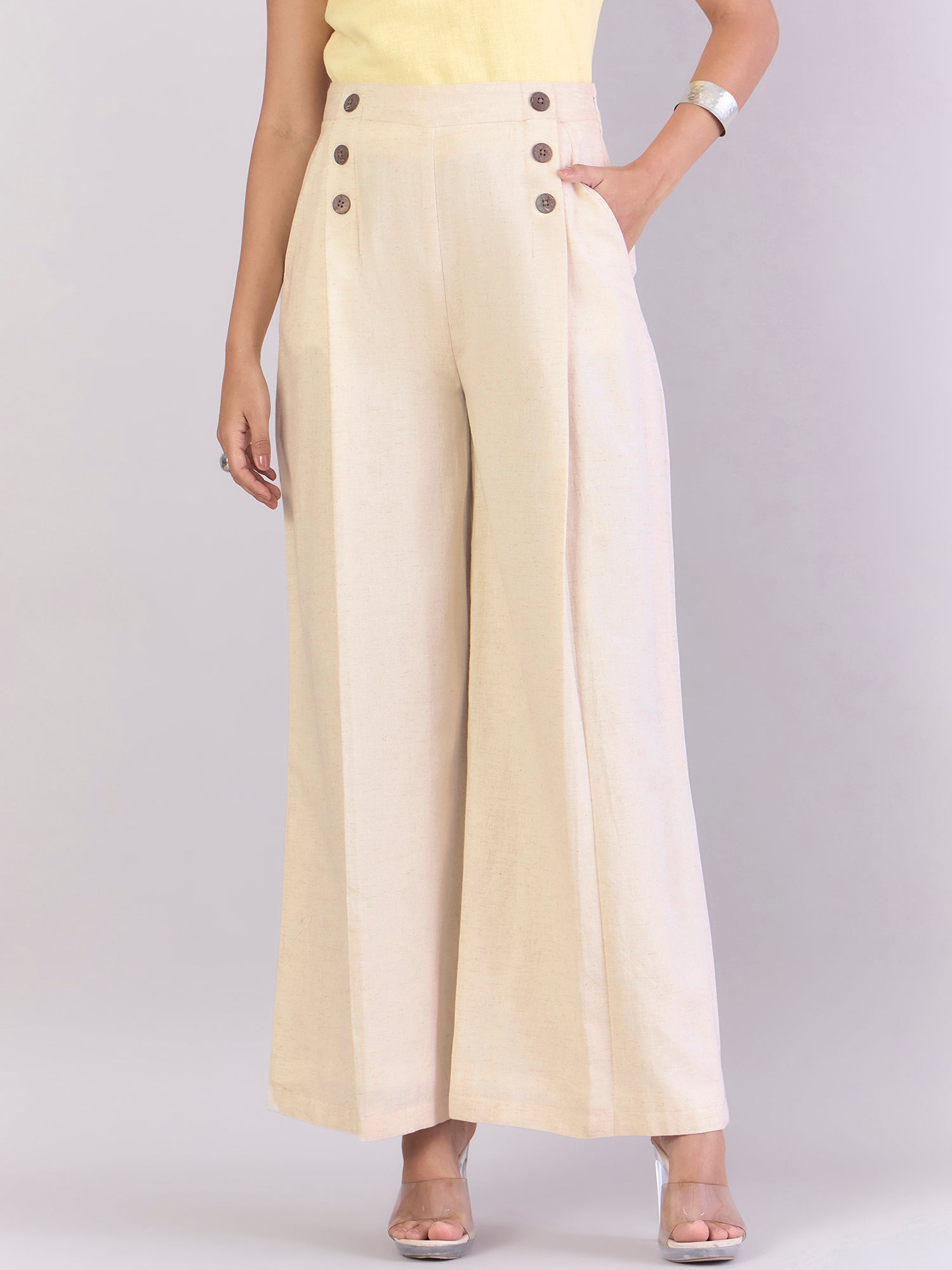 Women Off White Textured Comfort Loose Fit High-Rise Easy Wash Pleated Wide Leg Trousers