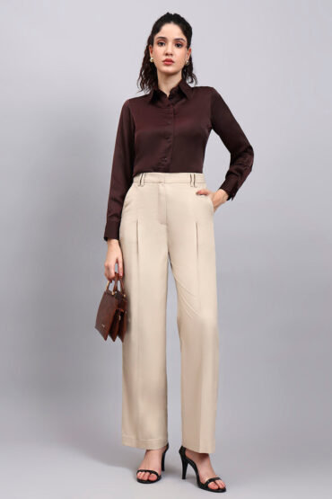 Women Light Beige High Waist Pleated Trouser