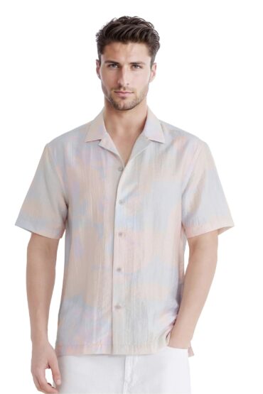 Aentic Men's Tugi Blue Tencel Abstract Print Boxy Fit Half Sleeve Cuban Collar Shirt