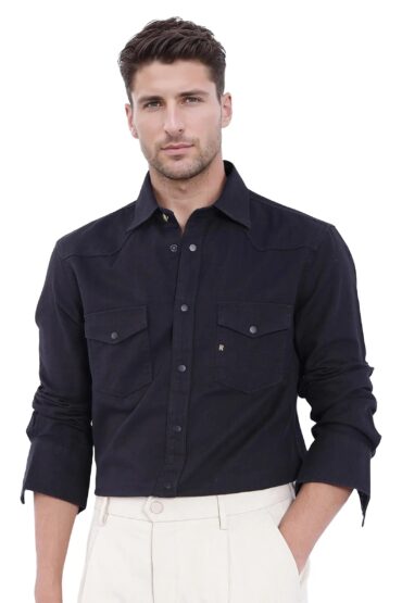 Aentic Men's Tyson-1 Black Cotton Plain Regular Fit Full Sleeve Collared Shirt