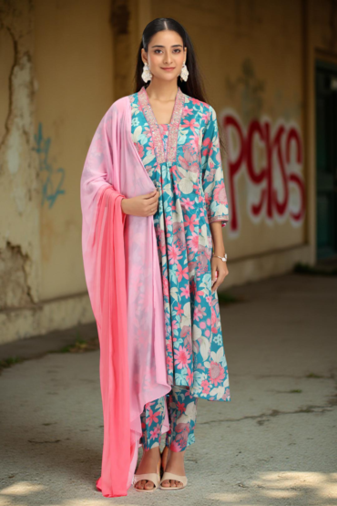 Teal Chinnon Embroidered A Line Kurta Pant and Dupatta Suit Set