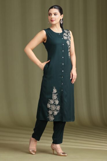 Teal Embroidered Straight Co ord Set