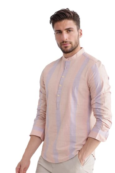 Aentic Men's Vale Light Orange Cotton Striped Print Regular Fit Full Sleeve Mandarin Collar Shirt
