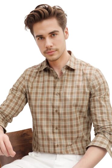 Aentic Men's Vitka Dark Brown Cotton Checked Print Regular Fit Full Sleeve Collared Shirt