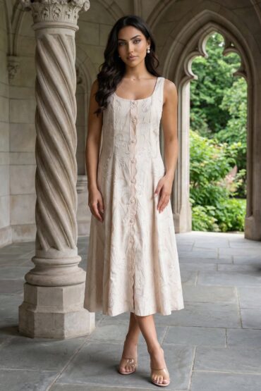 Beige Textured Cotton Blend Embroidered A-line Western Dress