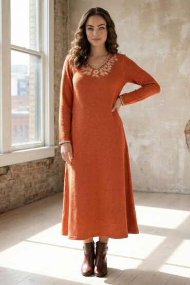Orange Embroidered A-line Winter Dress
