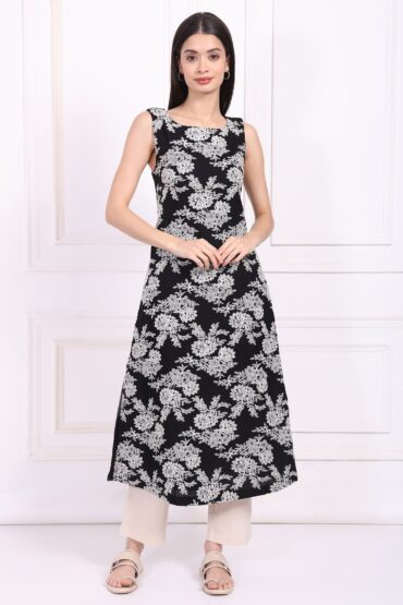 Black Embroidered A-Line Rayon Dress