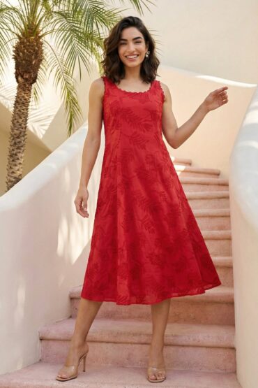 Red Thread Embroidered Pure Cotton A-line Dress