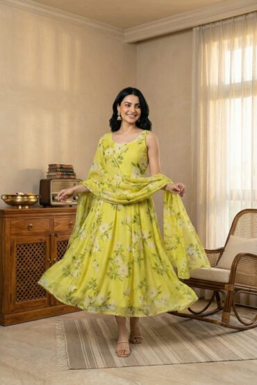 Lime Yellow Floral Printed Organza Flared Dress with Dupatta Set