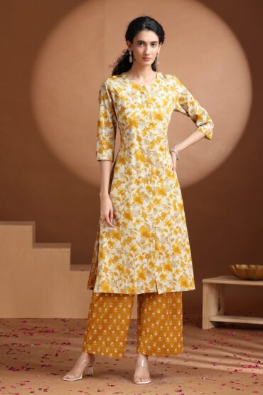 Yellow Floral Printed A-Line Cotton Co-ord Set