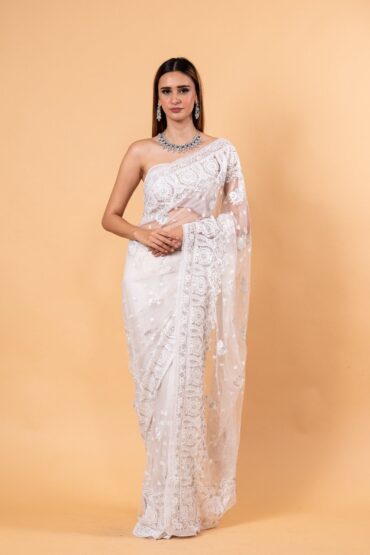 White Designer Net Saree with Embroidery Work
