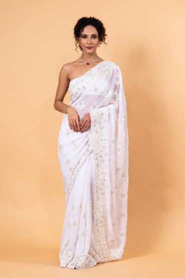 White Floral Embroidered Net Saree