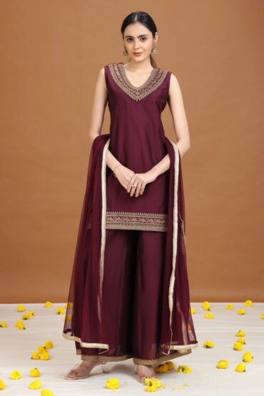 Wine Embroidered Straight Ethnic Set