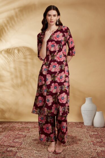 Wine Rayon Printed Straight Kurta Pant Co ord Set
