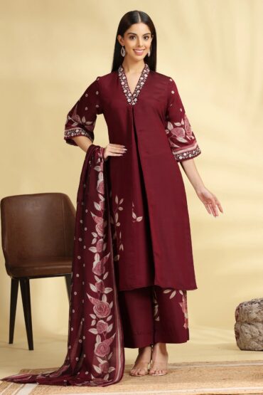 Wine Embroidered Roman Silk Kurta Pant and Dupatta Suit Set
