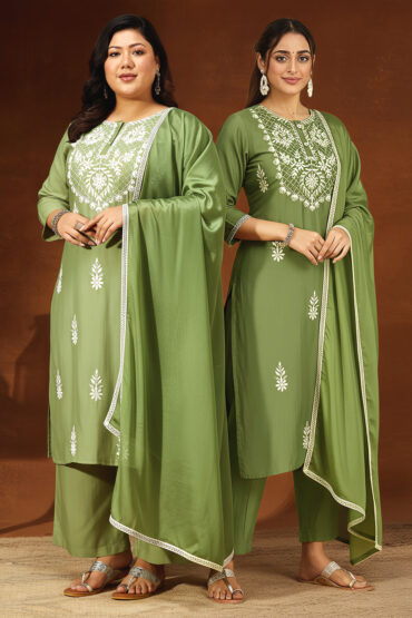 Aentic Women's Sage Green Silk Blend Embroidered Straight Kurta Set